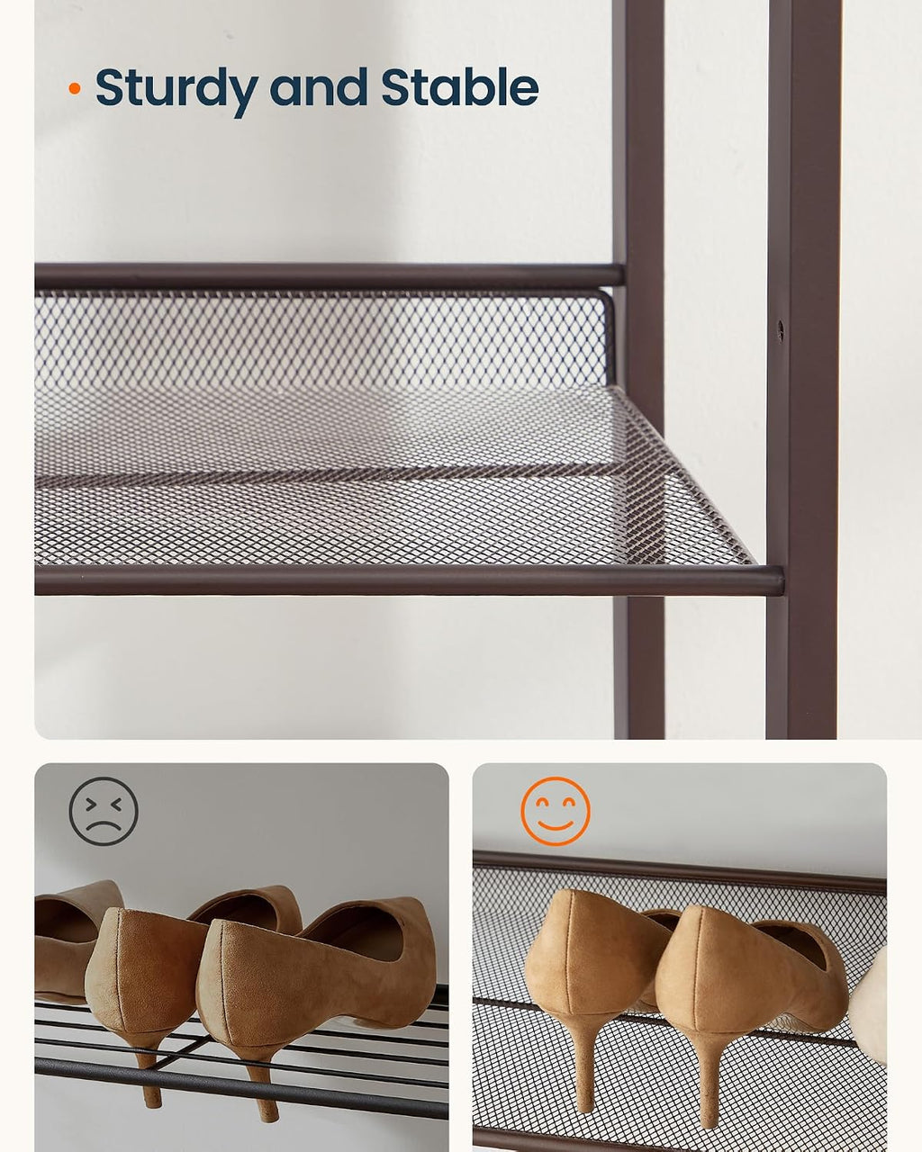 SONGMICS HOME 3-Tier Stackable Shoe Rack, Metal Shoe Organizer for Closet, Entryway, Garage, Flat or Slanted Mesh Shelves, Brown