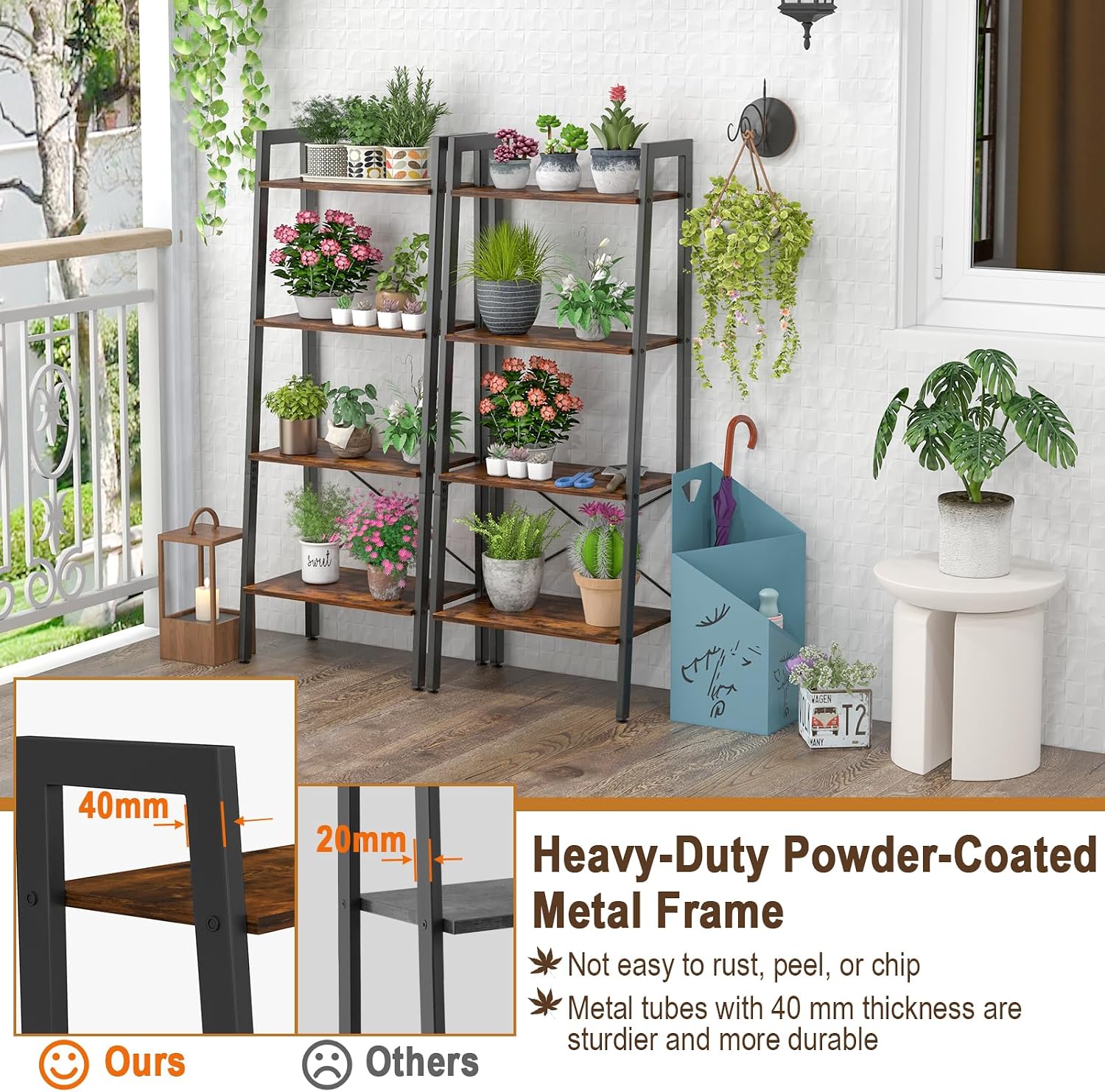 Vintage Ladder Shelf, 4/6 Tiers Wooden Industrial Storage Rack with Adjustable Footpads, Home Office Display Bookshelf Plant Stand for Living Room Bedroom (56 x 32 x 138 cm, Rustic Brown)