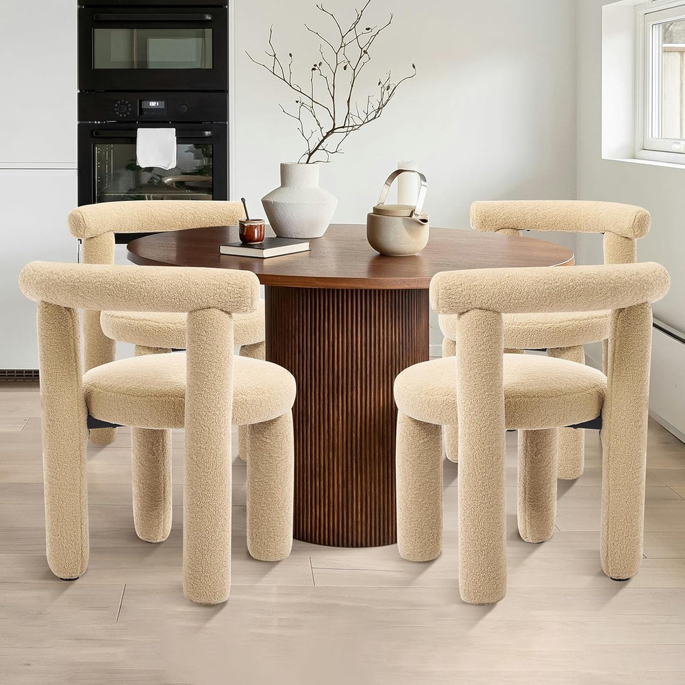 Modern Sherpa Dining Chair Set of 2, Camel | Soft Boucle Upholstery, Curved B...
