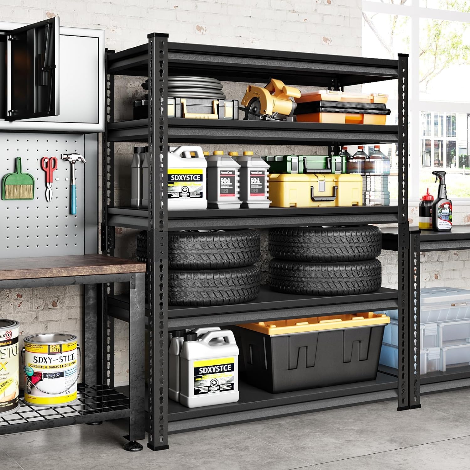 Garage Shelving Heavy Duty 2500LBS Loads, 48" W Adjustable Garage Storage Shelves, 5-Tier Metal Shelving Units and Storage, Industrial Utility Shelf, 48" Wx18 Dx78 H,Black