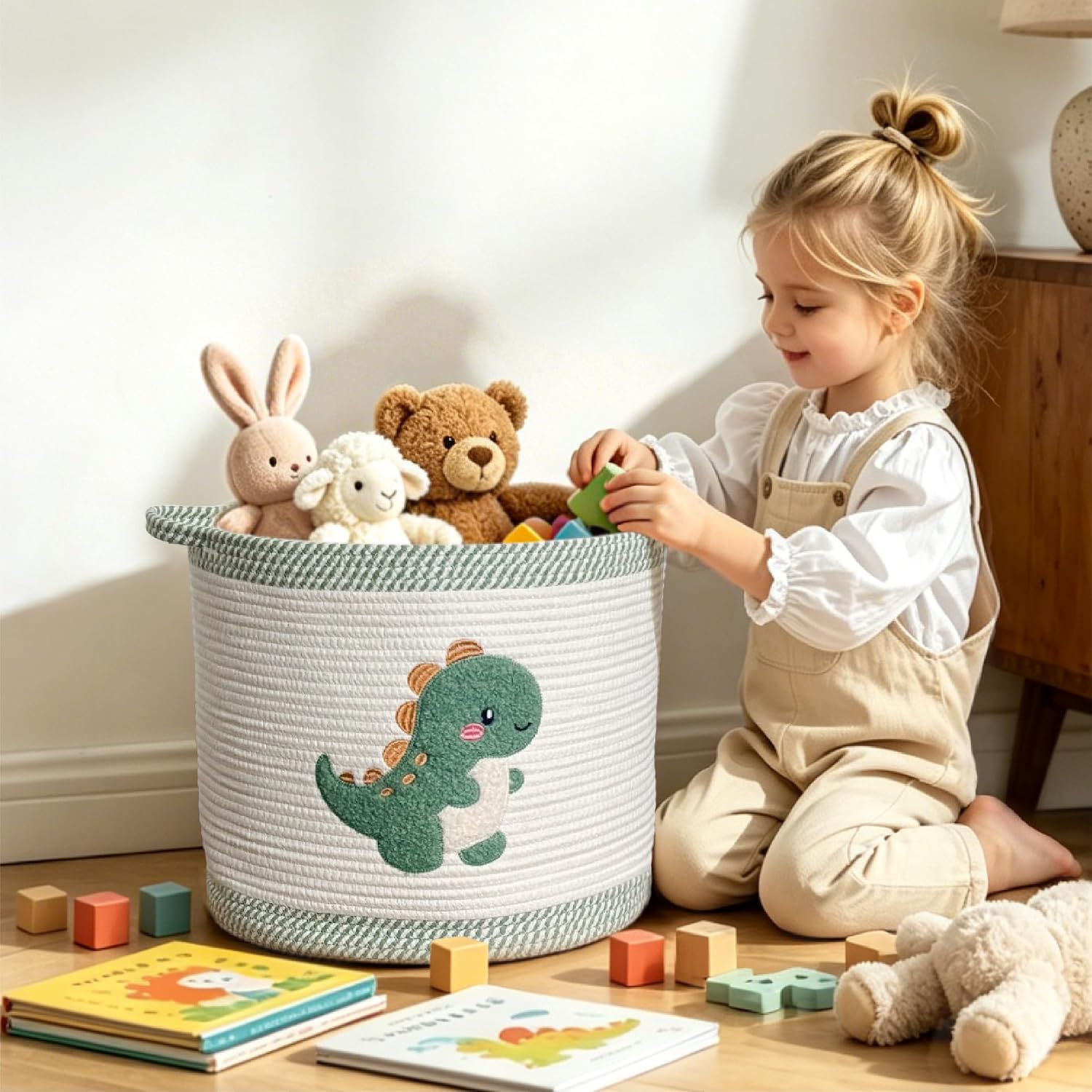 Cute Nursery Bin, Baby Toy Organizer (13.8"x13.8"), Storage Basket for Organizing, Woven Rope Basket for Shelves, Cute Baskets with Handle for Nursery, Playroom (Dinosaur, Large)