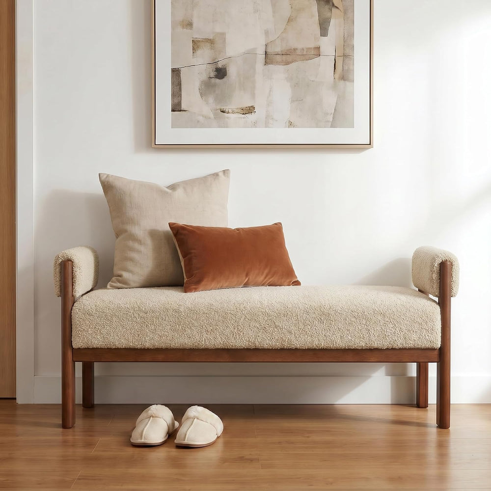 VKNOW 51.8”End of Bed Bench Upholstered Bedroom Bench with Arms, Brown | Soli...