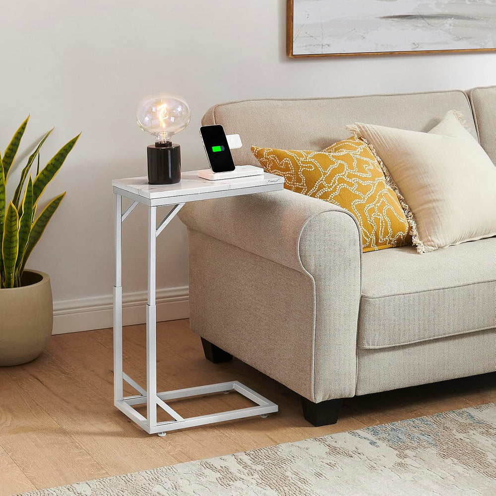 C-Shaped End Table, Small Sofa Table with Metal Frame, Adjustable Height Side...