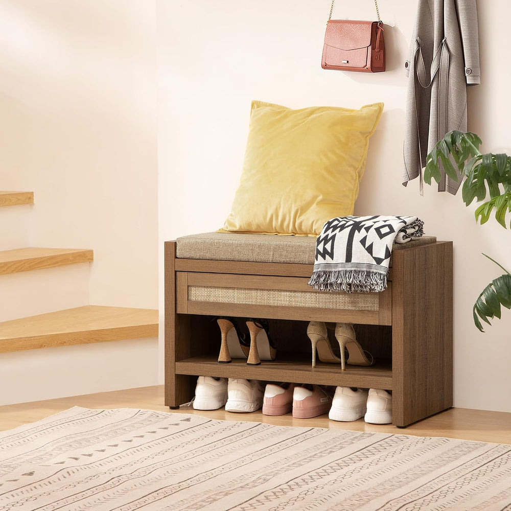 SICOTAS Rattan Shoe Bench Entryway Bench with Storage Drawer, Linen Cushion |...