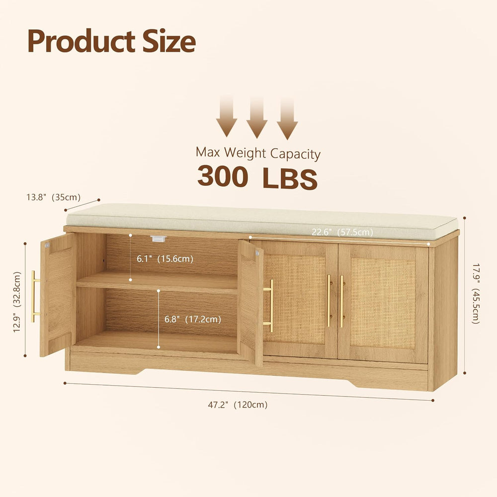 Rattan Shoe Storage Bench, 47.2" Wide Entryway Bench, Natural Oak | 2 Ti...