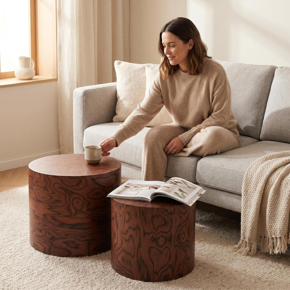 Round Nesting Coffee Table Set of 2, Modern Circle Accent End Table | Wooden ...