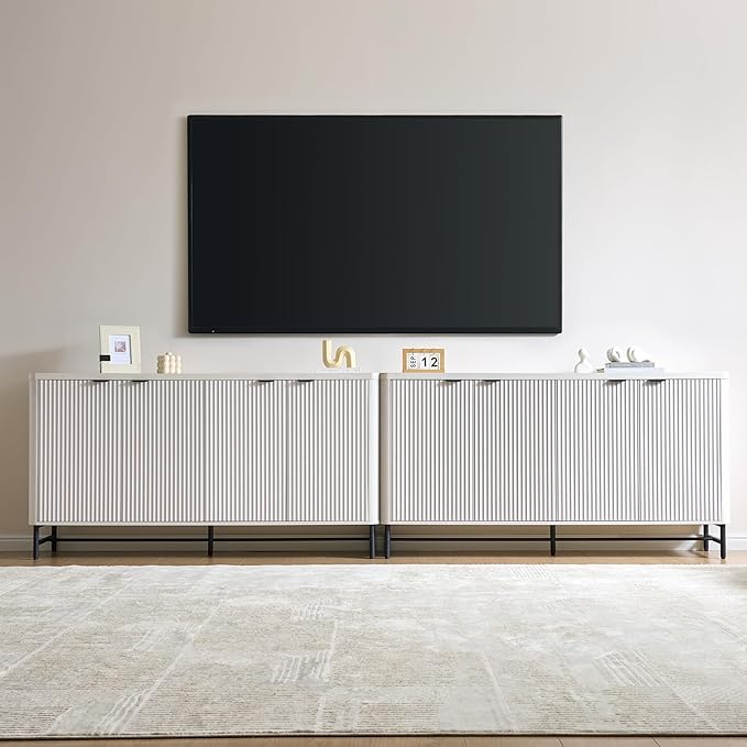 65" Buffet Cabinet with Storage, Fluted Credenza Sideboard with 4 Doors & Adjustable Shelves, Large Coffee Bar Console Table for Dining Room, Living Room, Entryway, White