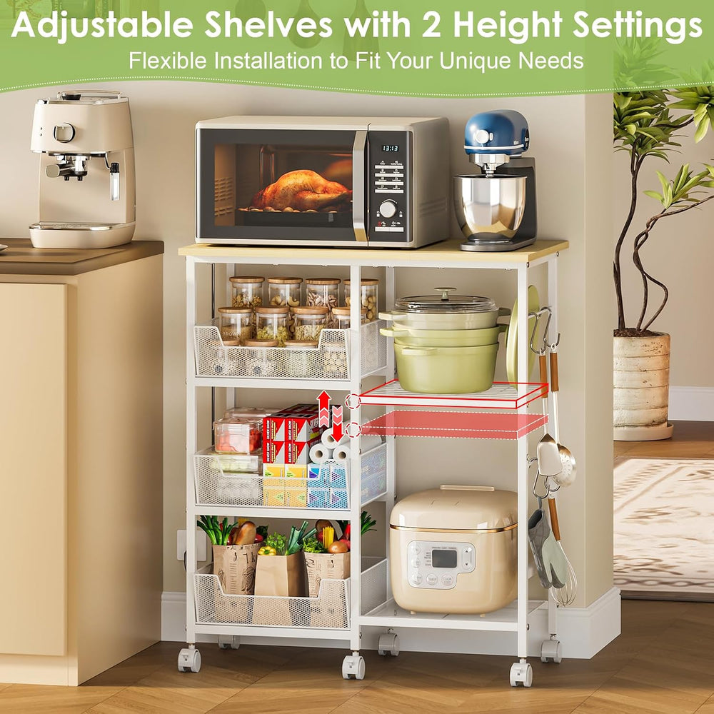 Rolling Kitchen Microwave Organizer Cart, Adjustable Shelves, White | Kitchen...