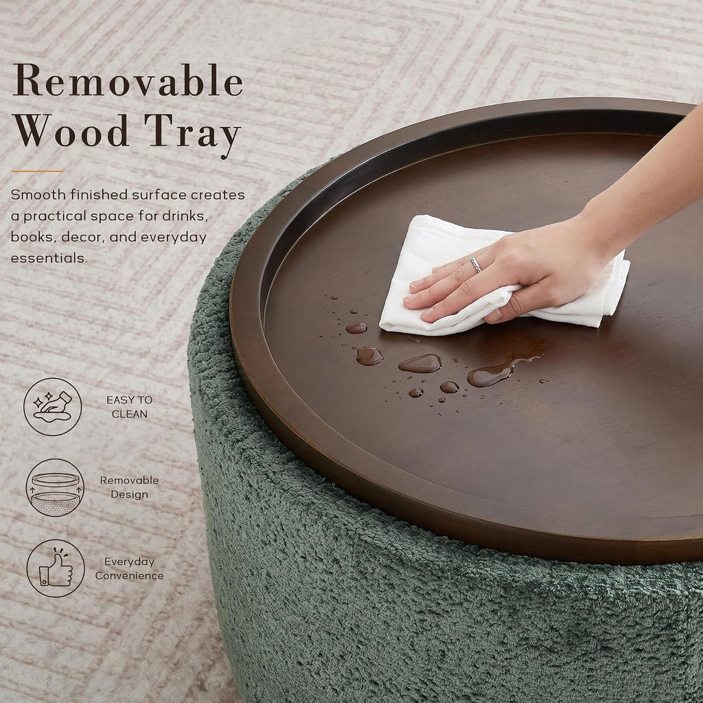 Zihanhome 30" Round Chenille Storage Ottoman Coffee Table with Removable Tray Top, Large Hidden Storage Ottoman, Solid Wood Legs for Living Room, Bedroom, Apartment (Moss Green)