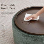 Zihanhome 30" Round Chenille Storage Ottoman Coffee Table with Removable Tray Top, Large Hidden Storage Ottoman, Solid Wood Legs for Living Room, Bedroom, Apartment (Moss Green)