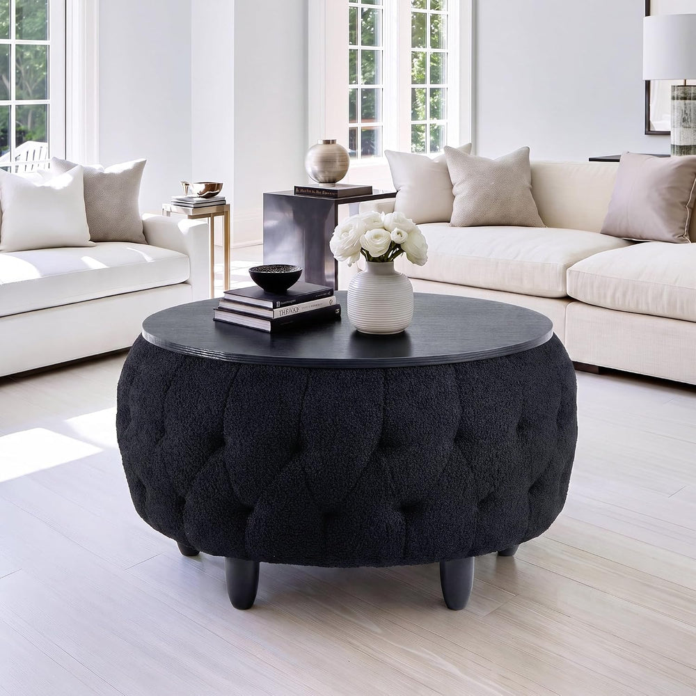 Large Round Storage Ottoman Coffee Table with Wooden Tabletop, 32 Inches Tedd...