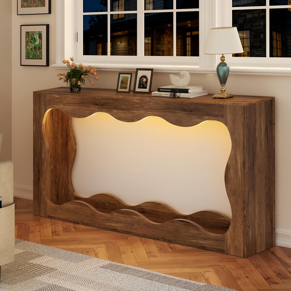 Vongrasig 63-Inch Farmhouse Entryway Table with Light Strips, Scalloped Conso...