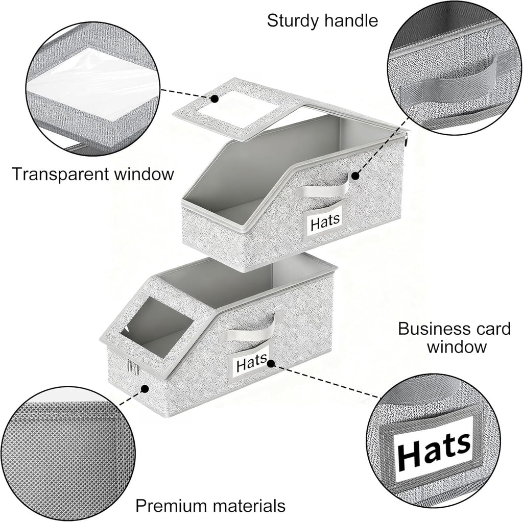 Space-Saving Hat Box with Clear Window Zipper Lid 2-Pack Stackable Closet Hat Organizer for Baseball Caps 16.5*9*7 Inches Grey