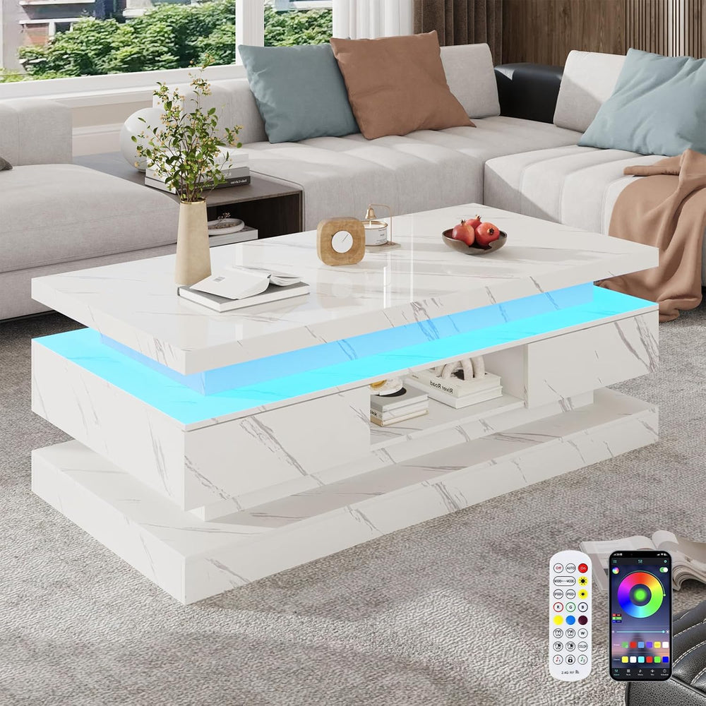 47.2 Inch Modern High Glossy LED Coffee Table with 2 Sliding Drawers, Double-...