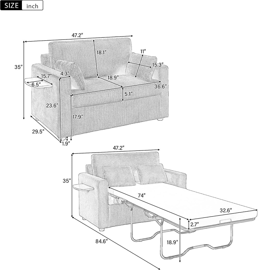 Twin Size Sofa Bed 47.2" Sleeper Sofa Loveseat Sofa with a Foldable Matt...