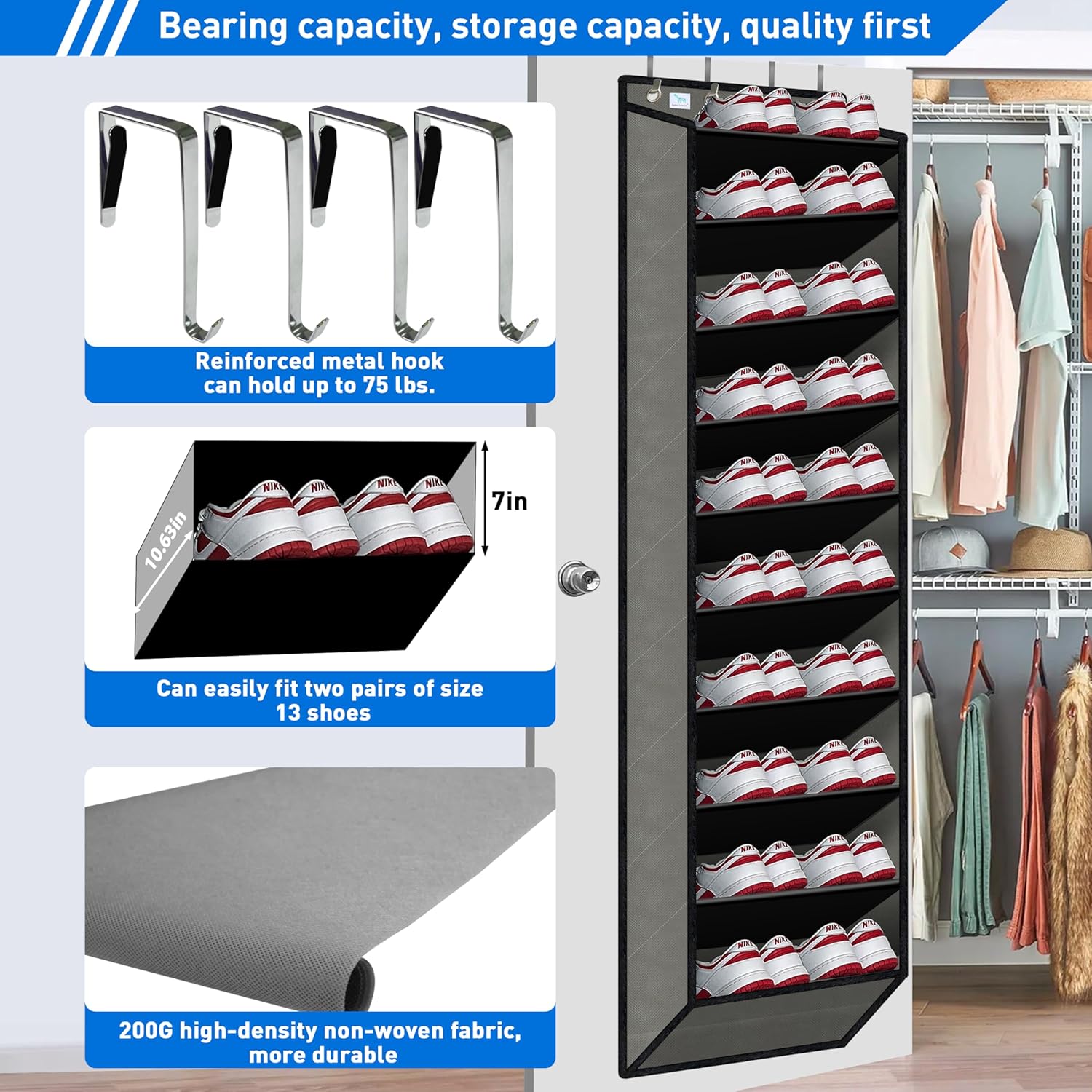 [Improve Over The Door Shoe Organizer, Extra Large 10 Tiers, Over Door Shoe Organizer, Coated Hooks Grip Firmly Without Scratching Paint, 75LB, Door Shoe Rack, Dark Black