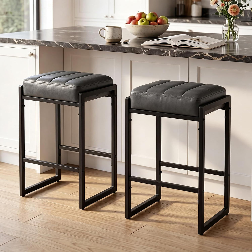 LSSBOUGHT Bar Stools 24 Inch Upholstered PU Leather Counter Height Bar Stools...