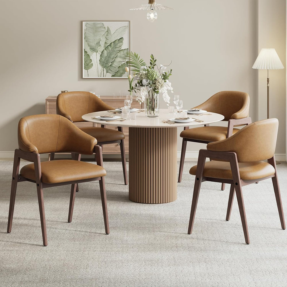 MALOL Wooden Dining Chairs Set of 4, Faux Leather, Curved Open Back, Brown