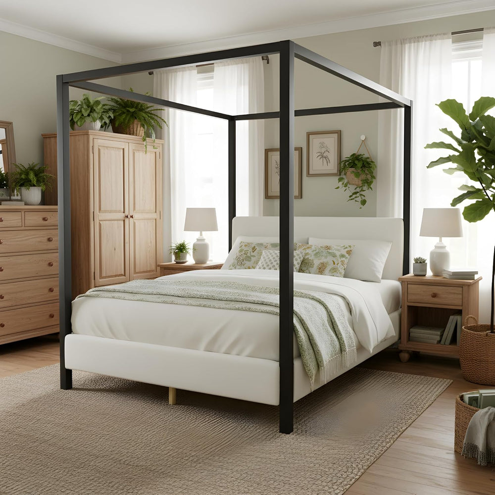 LUMISOL Queen Size Metal Canopy Bed with Upholstered Headboard, Modern Black ...