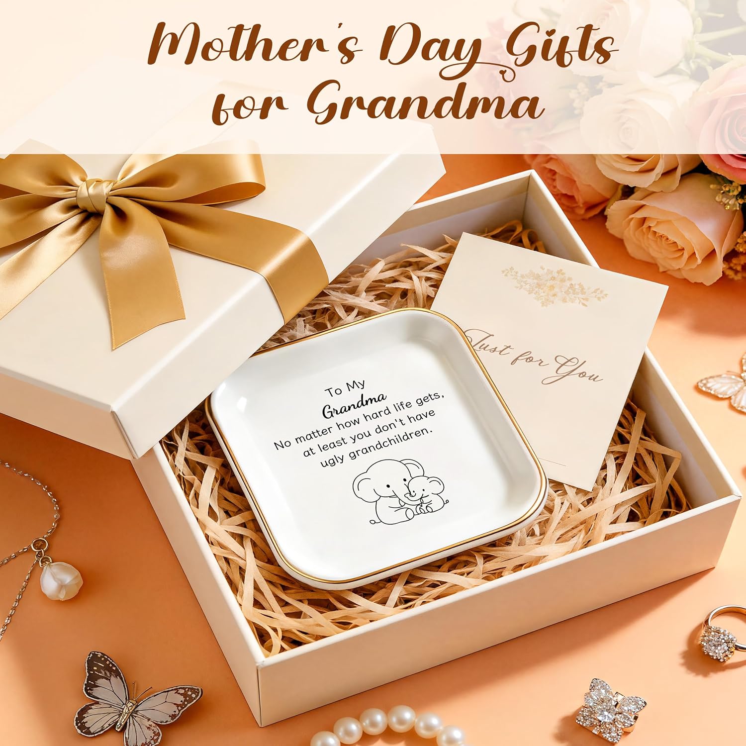 Elephant Gifts for Grandma Christmas, Cute Grandma Gifts from Grandchildren | You don't have ugly grandchildren, Ring Dish 4" Practical Size, Ceramic