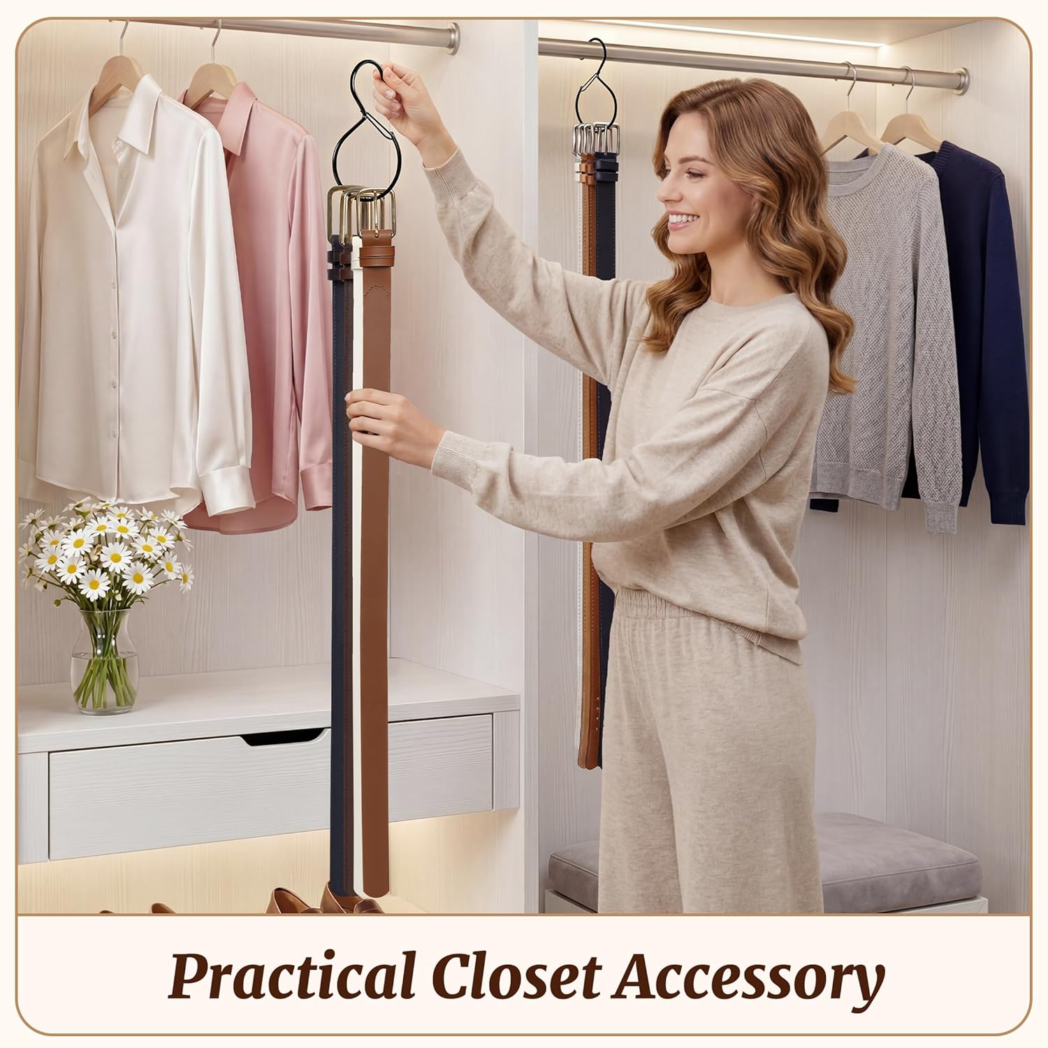 MEILIDY Metal Belt Hanger with Safety Buckle for Closet, Black, 2 Pcs | Compact Belt Rack, Easy to Hang, Fits for Belts, Ties, Jeans, Scarves, Hats, Purses, Jewelries, Cords, Carabiners
