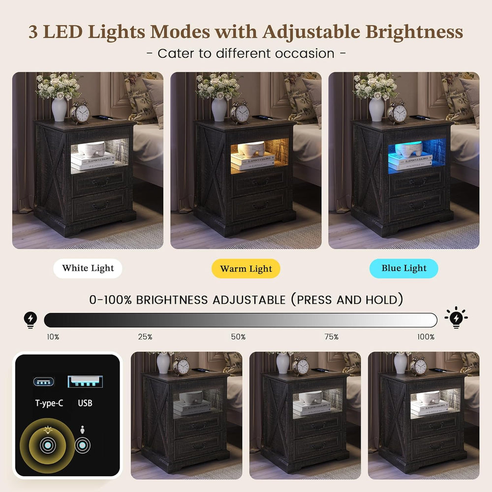Nightstand Set 2 with Gun Drawer, Farmhouse Night Stand with LED Lights and H...