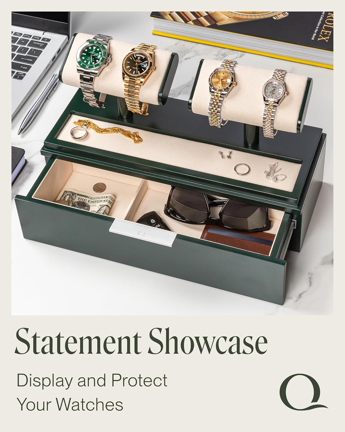 QWATCH Watch Stand Display Case - Acrylic Watch Box for 2 or 4 Watches with Jewelry Valet Tray and Drawer