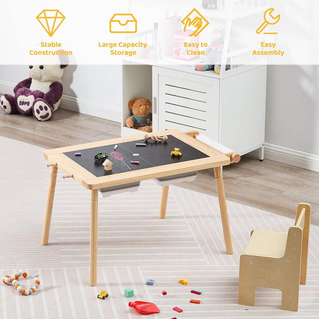 DOREROOM Sensory Toddler Table & Chair Set, Double-Side Graffiti, Natural | 2 Storage Bins & Roller holder, Sand & Water Tables with Building Block Base, For Playroom, Daycare, Classroom, Home, Ages 3+