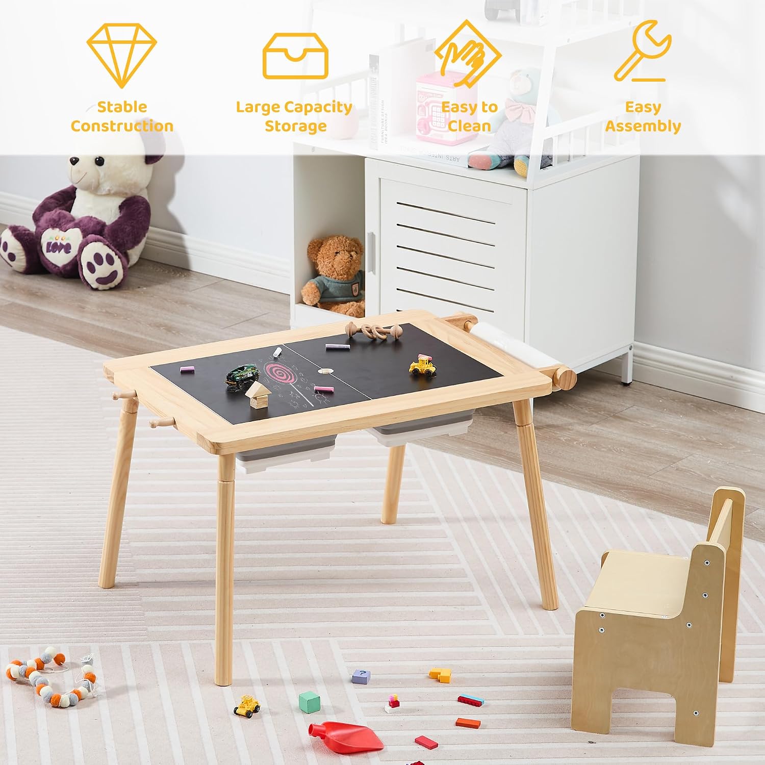DOREROOM Sensory Toddler Table & Chair Set, Double-Side Graffiti, Natural | 2 Storage Bins & Roller holder, Sand & Water Tables with Building Block Base, For Playroom, Daycare, Classroom, Home, Ages 3+
