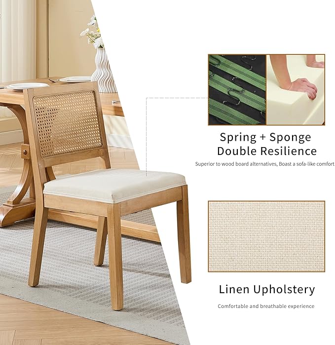 French Country Dining Chairs Set of 8, Cream Kitchen & Dining Room Chairs Set of 8, Ivory Rattan Dining Chairs, Cane Low Back, Wood Legs, Sillas De Comedor (Rattan, Beige, 8Pcs)