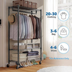Heavy Duty Rolling Garment Rack 3 Tiers Adjustable Wire Shelving Clothes Rack with Rods and Side Hooks,Storage Closet Clothing Rack with Wheels Black 15.7" D x 29.5" W x 74.5" H