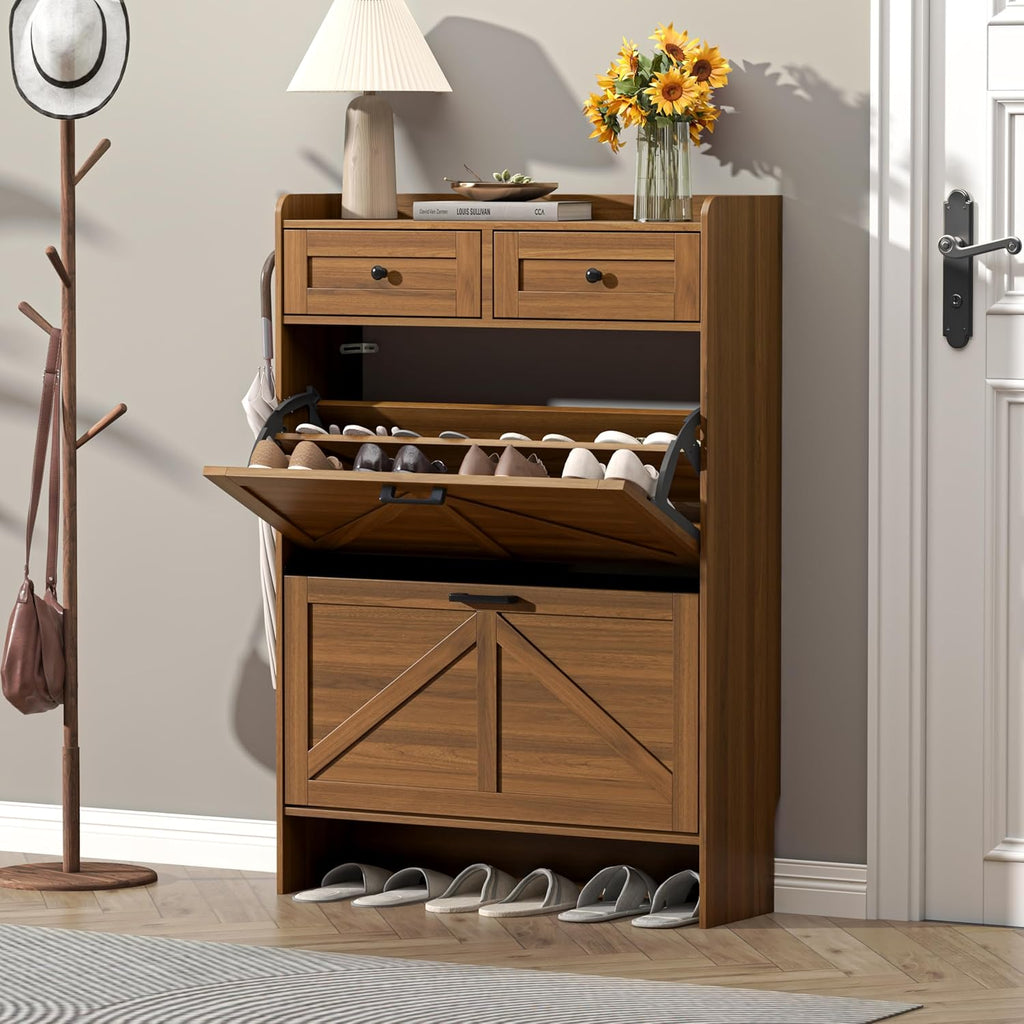 Thacuok Shoe Cabinet with 2 Flip Drawers & 2 Storage Drawers, Rustic Farmhouse Narrow Shoe Organizer Cabinet, Slim Shoe Rack Cabinet, Shoe Storage Cabinet for Entryway, Hallway