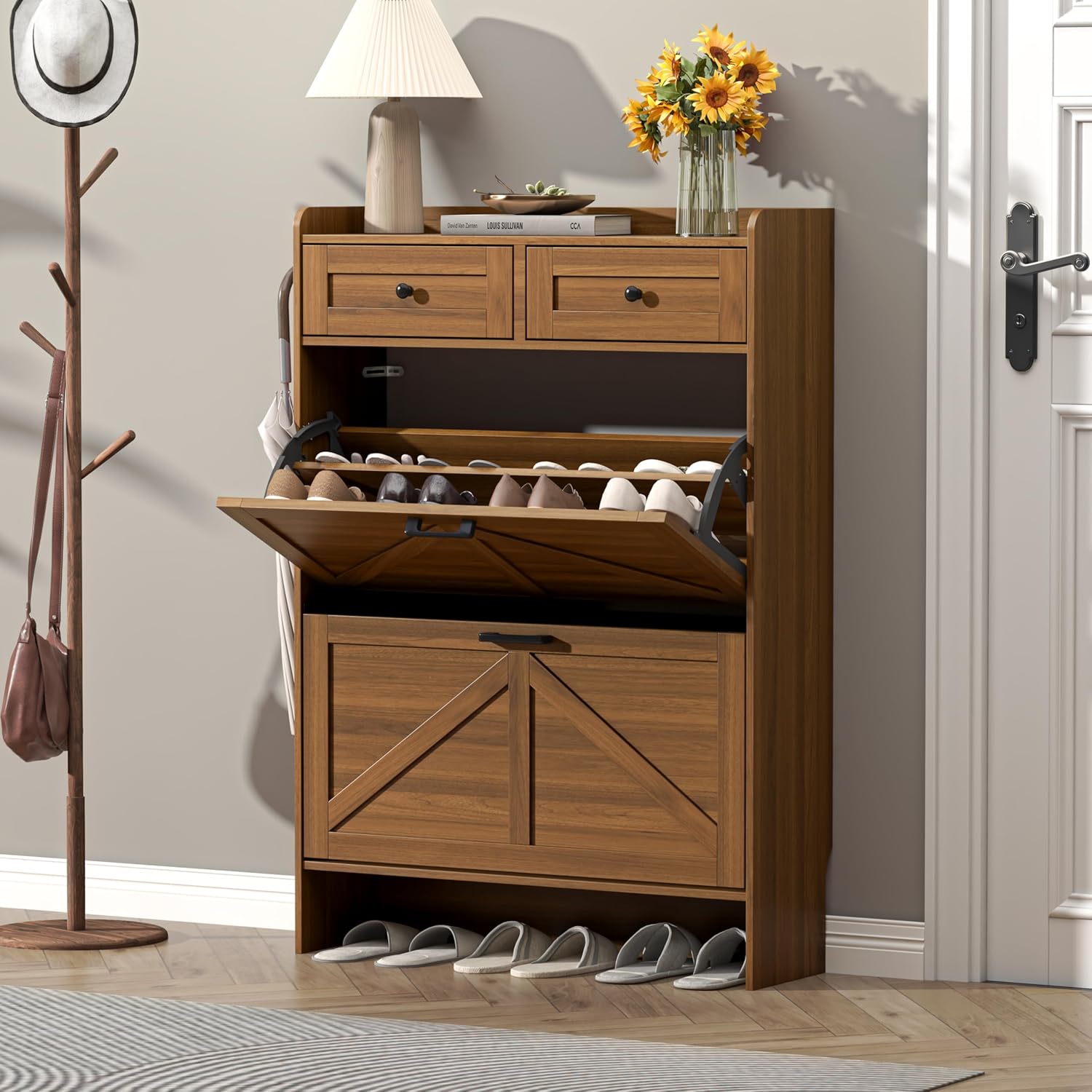 Thacuok Shoe Cabinet with 2 Flip Drawers & 2 Storage Drawers, Rustic Farmhouse Narrow Shoe Organizer Cabinet, Slim Shoe Rack Cabinet, Shoe Storage Cabinet for Entryway, Hallway