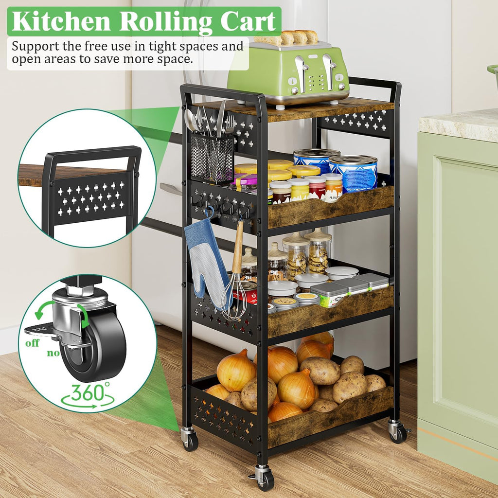 4 Tier Rolling Storage Utility Snack Cart on Wheels | durable metal and wood frame, suitable for kitchen bathroom pantry vanity bedroom living room dorm, no shake, move smoothly