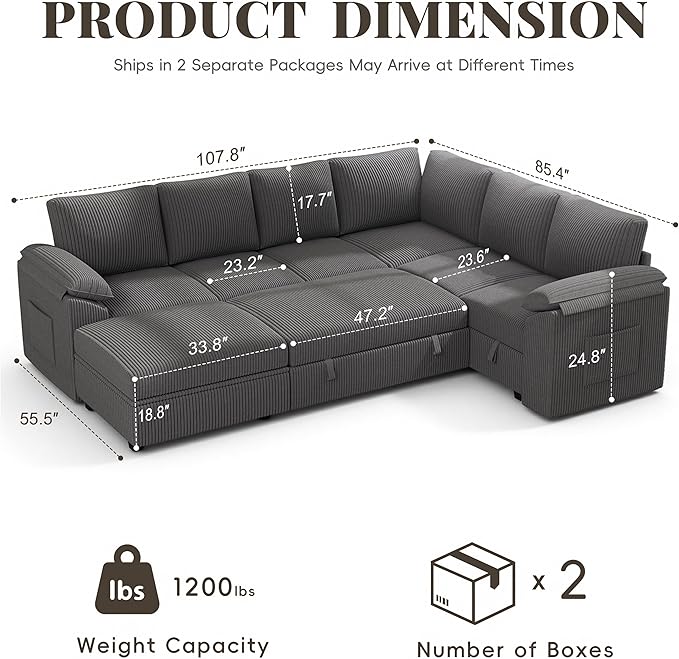 108 Inch Sectional Sleeper Sofa Bed with Pull Out Couch, U Shaped 7 Seat Cloud Modular Sectional Sofa with Storage, Corduroy Sectional Couches for Living Room, Removable Sofa Cover, Dark Grey