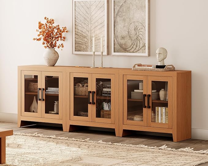 WAMPAT Farmhouse TV Stand for TVs up to 85”, Rustic Wood Entertainment Center with Adjustable Shelf, Glass Doors & Storage, Media Console Cabinet for Living-Room, Bedroom, Mocha
