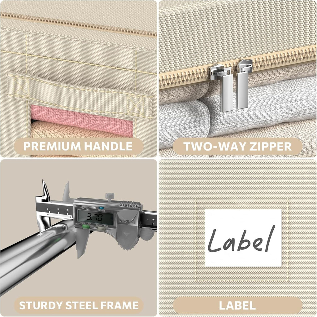 CYhom 3Pack Frame Storage Box - Clothes Storage Bin Bags Oxford Fabric Foldable Stackable Container Organizer Set with Clear Window & Carry Handles Large Capacity (Beige, Extra Large-100L)