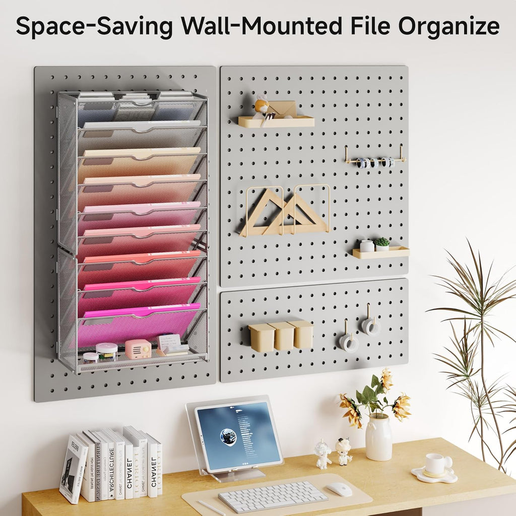 Lavatino 10-Tier Hanging Wall File Folders Organizer - Silver Metal Mesh Paper Magazine Document Mail Holder File Organizer for Office School Home Wall Mount or Desk Supplies Organization