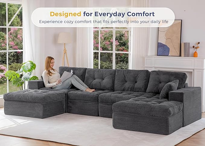 MAXYOYO 132" U Shaped Modular Sectional Sofa with 2 Ottomans, Cloud Boneless Couch with Layered Cushion, Flexible Module Combination Sofa for Living Room, No Assembly Required, Dark Grey