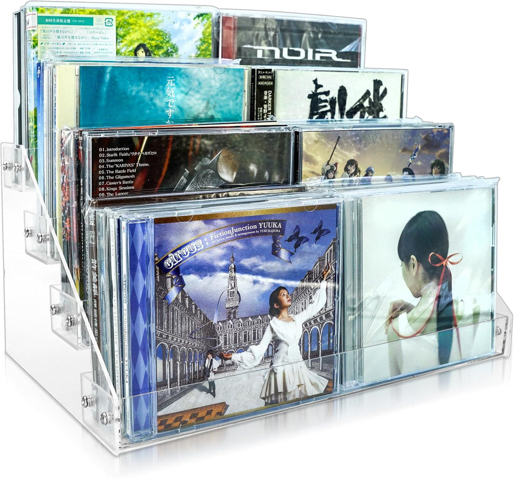 4Tier Clear Acrylic CD Holder - Cascading CD & DVD Storage Rack with Vinyl Record Stand - Holds up to 32 Cases (Large, Clear)