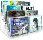 4Tier Clear Acrylic CD Holder - Cascading CD & DVD Storage Rack with Vinyl Record Stand - Holds up to 32 Cases (Large, Clear)