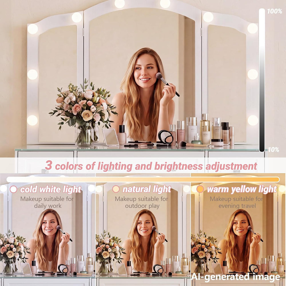 senlin Vintage Vanity with Lighted Mirror & Outlet (White) | Retro dressi...