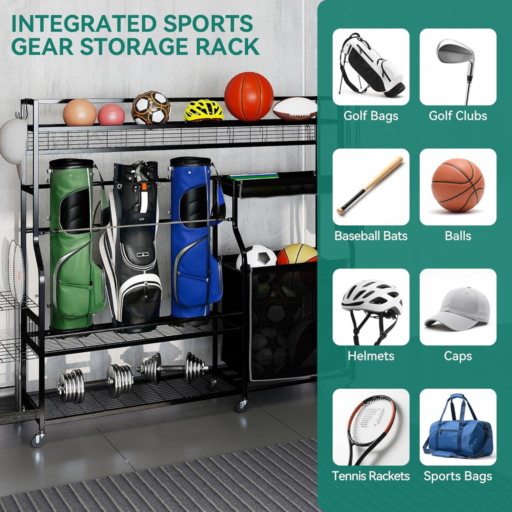 YITAHOME Multi-Functional Sports Organizer for Garage, Golf Gear Storage Rack for 3 Bags and Clubs, Ball Storage Bins with Wheels, Multi-Layer Sports Equipment Rack with Hooks