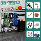 YITAHOME Multi-Functional Sports Organizer for Garage, Golf Gear Storage Rack for 3 Bags and Clubs, Ball Storage Bins with Wheels, Multi-Layer Sports Equipment Rack with Hooks