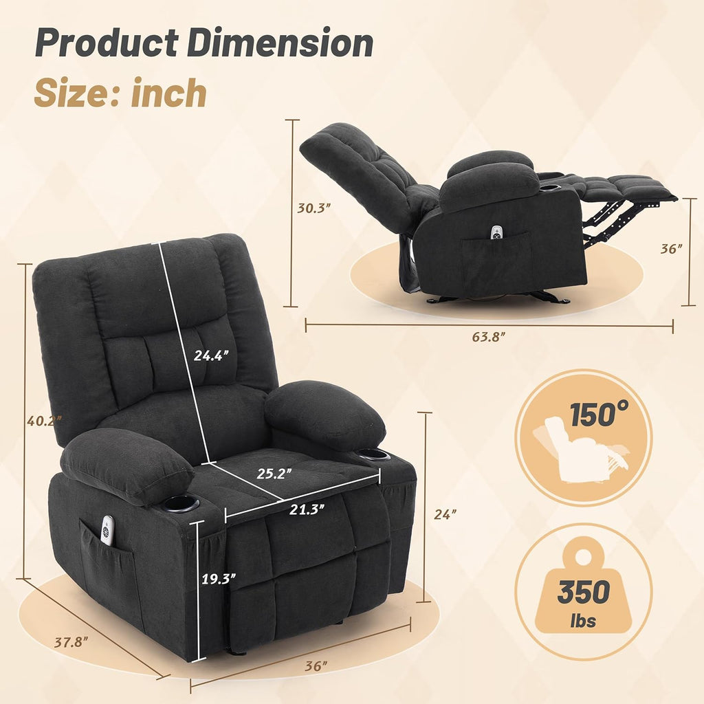Rocker Recliner Chair with Massage and Heat, Recliner Chair for Adults, Nursery Rocking Chairs for Living Room, Ergonomic Comfy Relining Chair with Cup Holders, USB Charge Port, Side Pockets, Black