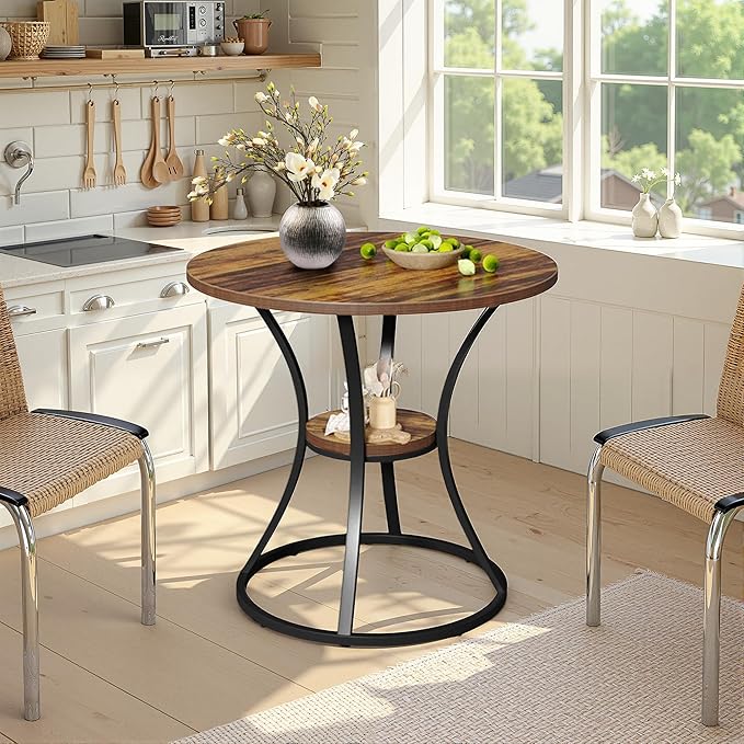 Round Dining Table for 2-4, 31.5" Small Dinner Table Kitchen Tables with Storage Shelf for Dining Room, Kitchen, Living Room, Brown and Black