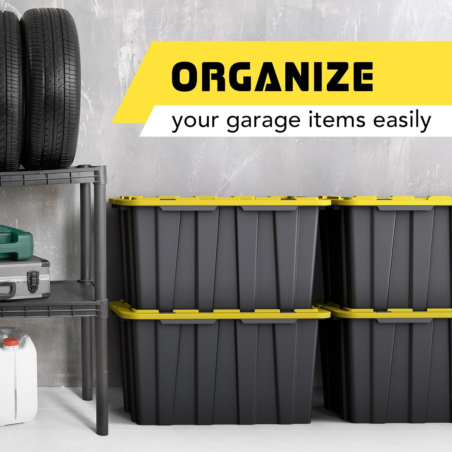 Lifetime Home 4 Pack of Large 17 Gallon Plastic Storage Bin Tote Organizing Container with Secure Latching Lids, Stackable, Extra Strength Clear with Built in Handle - Black and Yellow