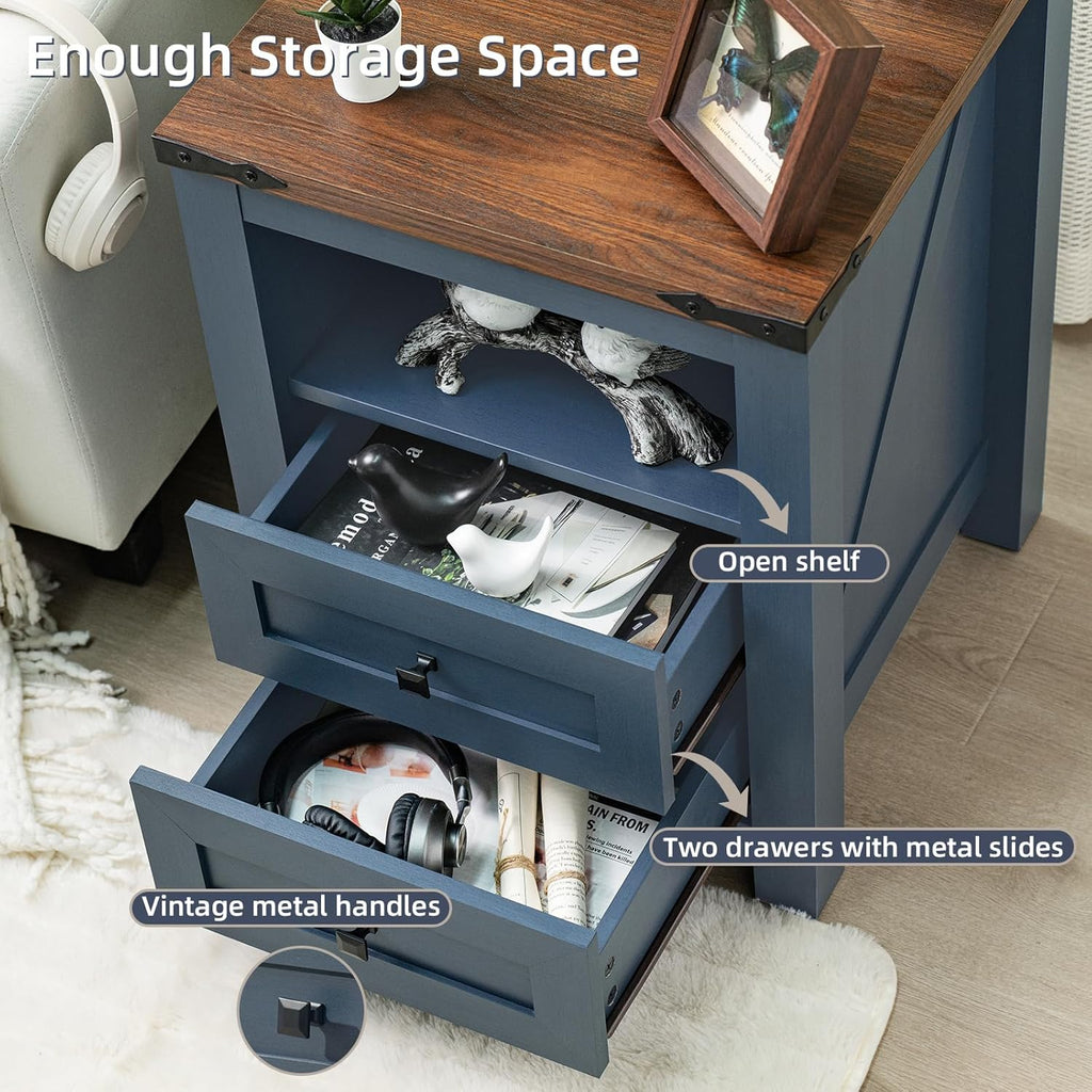 Nightstands Set of 2 with Charging Station, Farmhouse Night Stand with 2 Drawers and Shelf Storage, Wooden Side End Table, Bedside Cabinet for Bedroom, Living Room, Closet,Office (Blue)