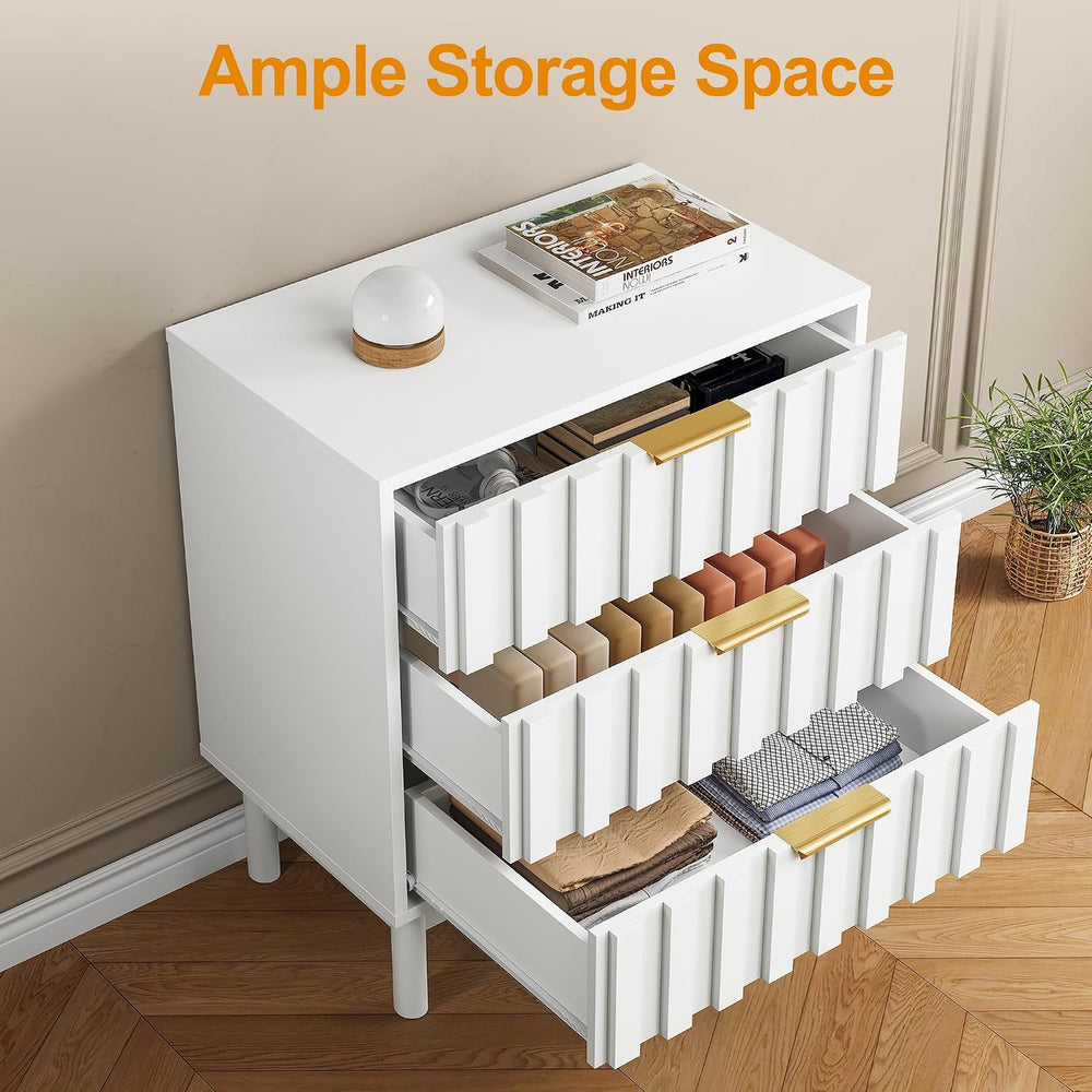 RoyalCraft 3 Drawer Nightstand, Modern Fluted Chest of Drawers, Wooden Storag...