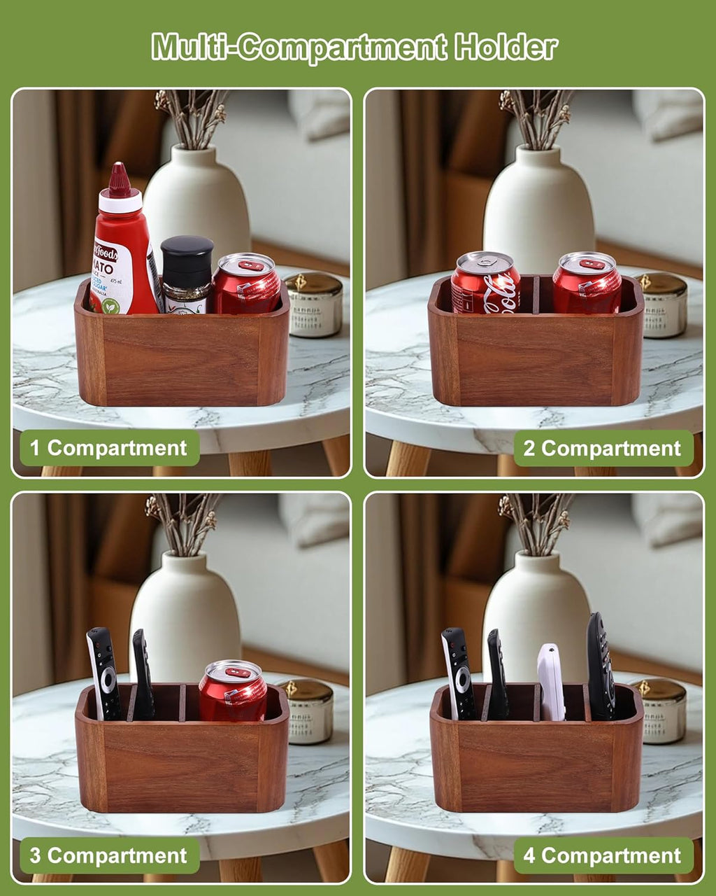 ‌Acacia Wood Remote Control Holder, Bonfixe Removable Desk Organizer with 4 Compartments & 4 Protective Pads, Easy Storage‌ TV Remote Holder for Living Room, Bedside Caddy, Office Supplies